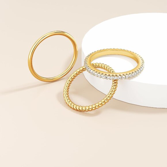 Women Dainty 14K Gold Plated Thumb CZ 3PCS Thin Stackable Ring Set - Picture 7 of 7